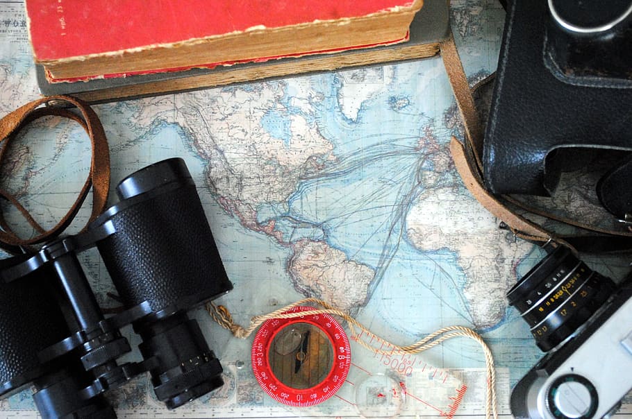 Camera, Binoculars, Compass, Books, world map, travel, travel destinations HD wallpaper