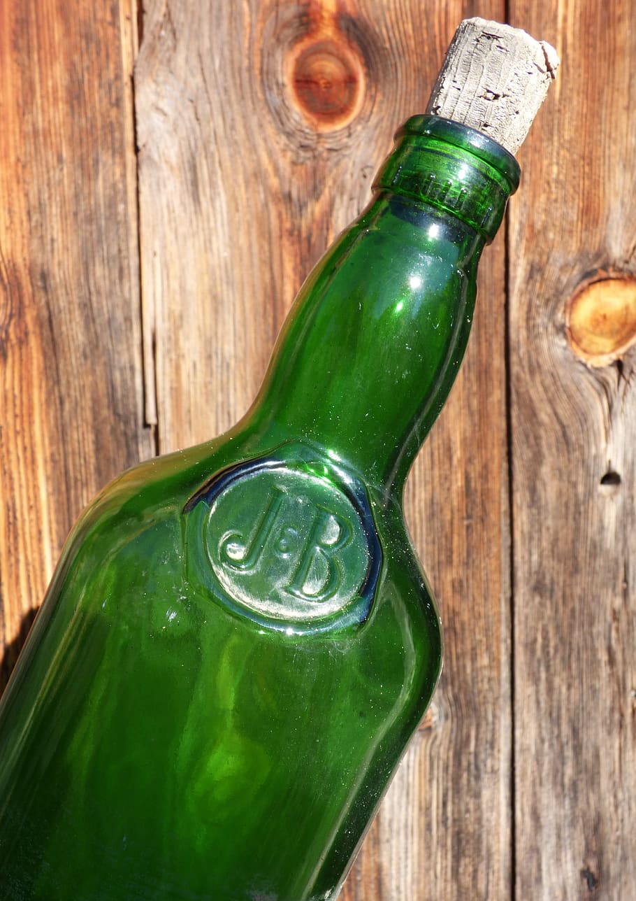 bottle, whsky, old, wood, glass, cork, green color, container, HD wallpaper