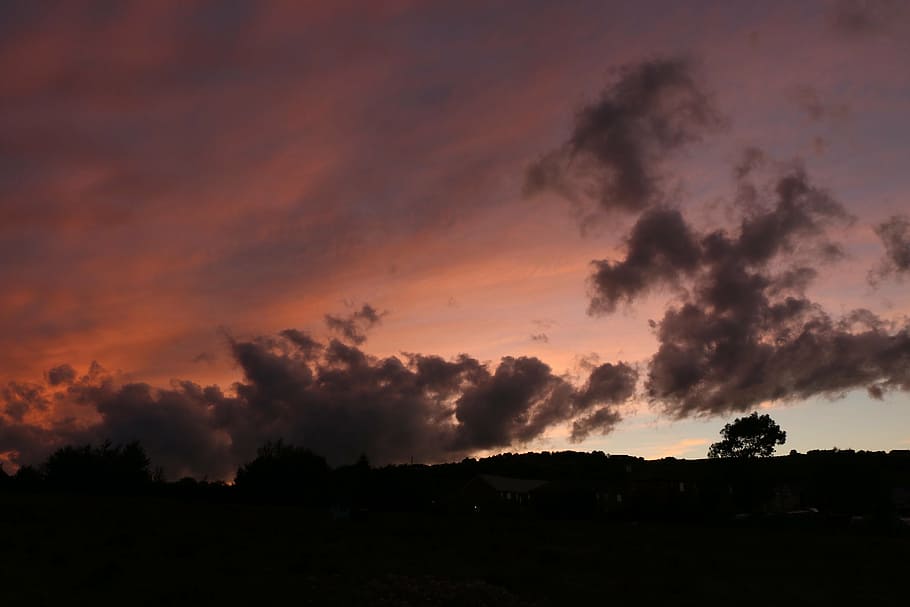 clouds, sunset, silhouette, tree, hill, dusk, twilight, sky HD wallpaper
