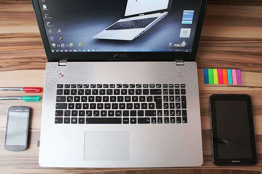 silver Asus laptop computer beside black tablet computer, office HD wallpaper