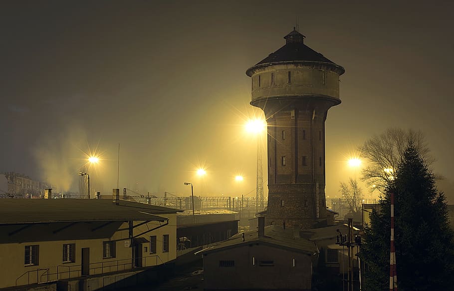 water tower, waterworks, railway station, old buildings, night, HD wallpaper