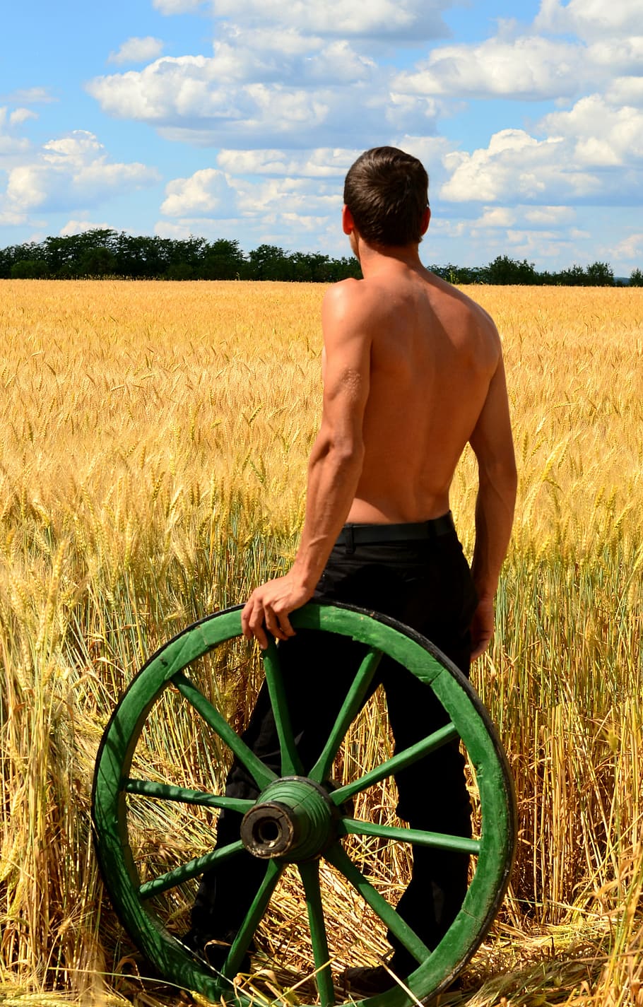 man standing on wheat field holding barrel wheel, young men, peasant carts
