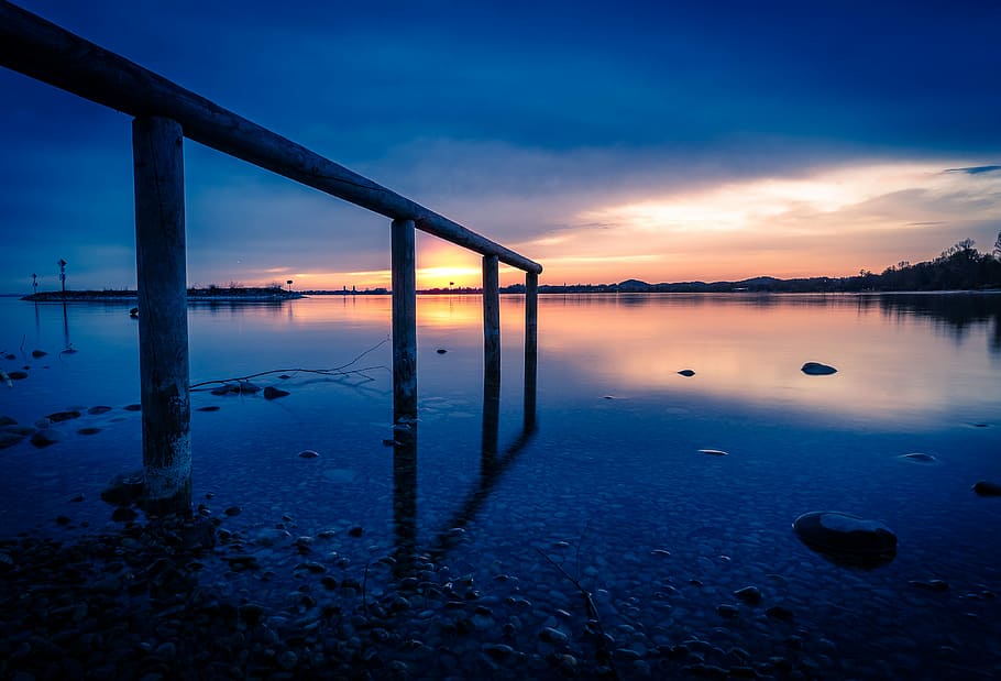 waters, sky, reflection, sunset, dawn, travel, nature, bridge HD wallpaper