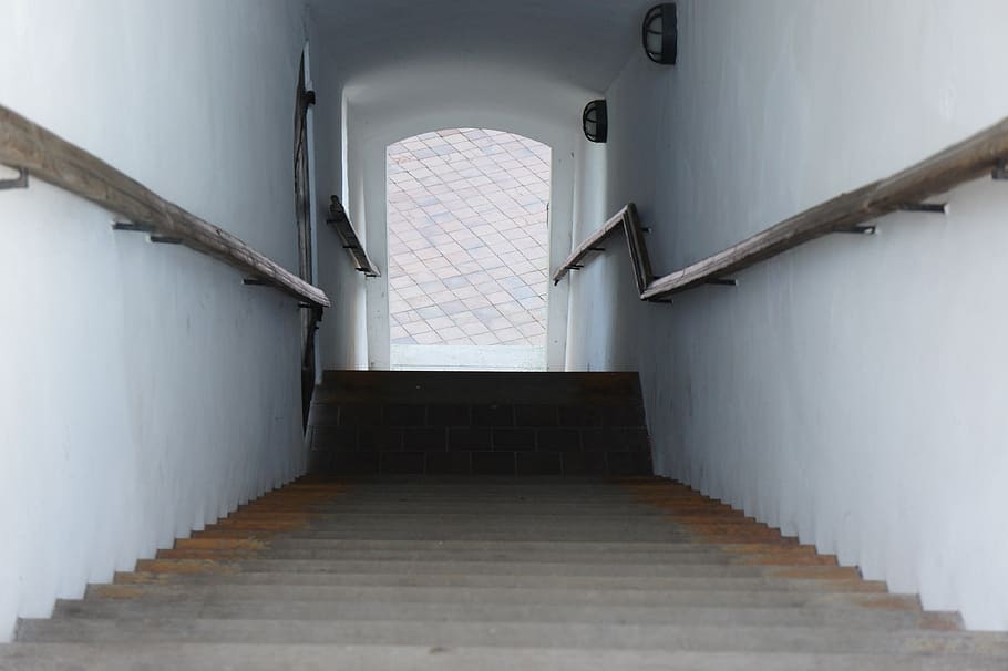 stairs, gradually, down, away, stone steps, architecture, indoors HD wallpaper