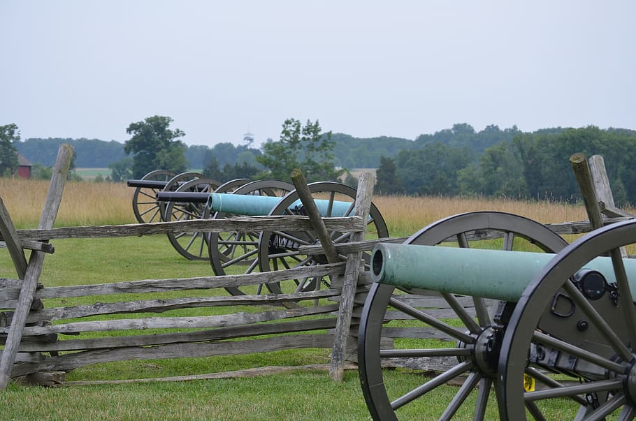 gettysburg, civil war, cannon, field, plant, land, grass, nature, HD wallpaper