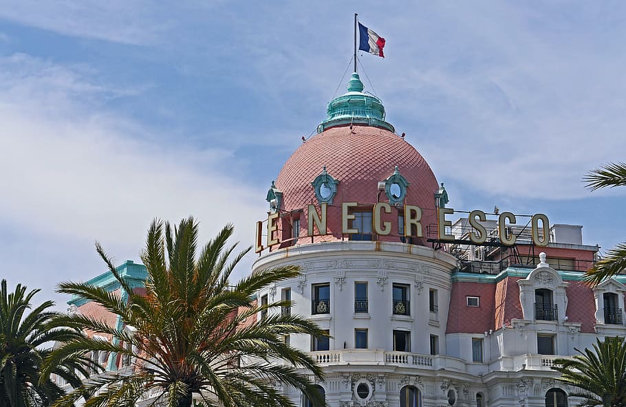 nice, landmark, hotel, tower, national flag, le negresco, vieux, HD wallpaper