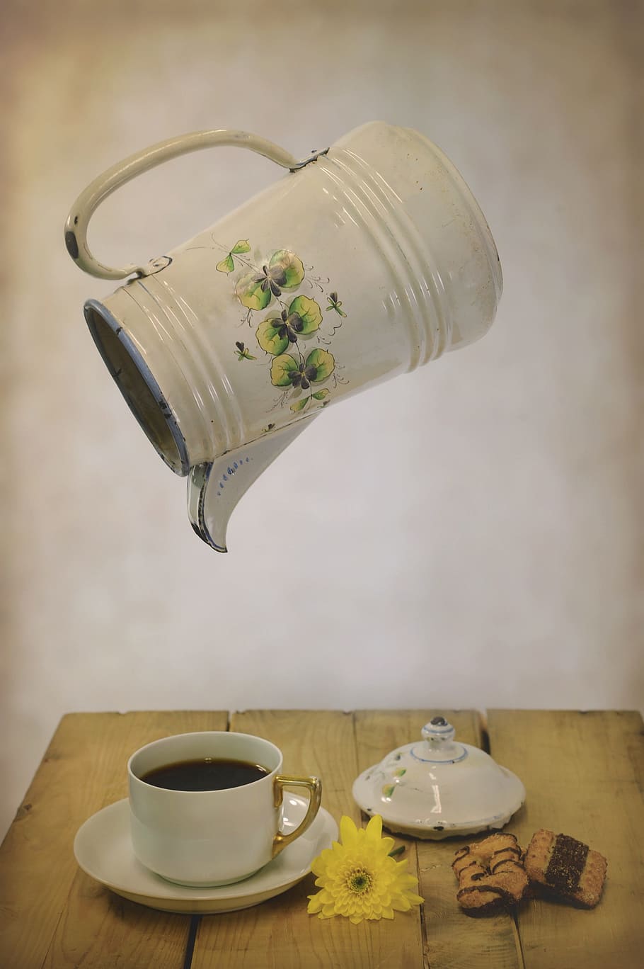 white and yellow floral floating teapot artwork, coffee time HD wallpaper