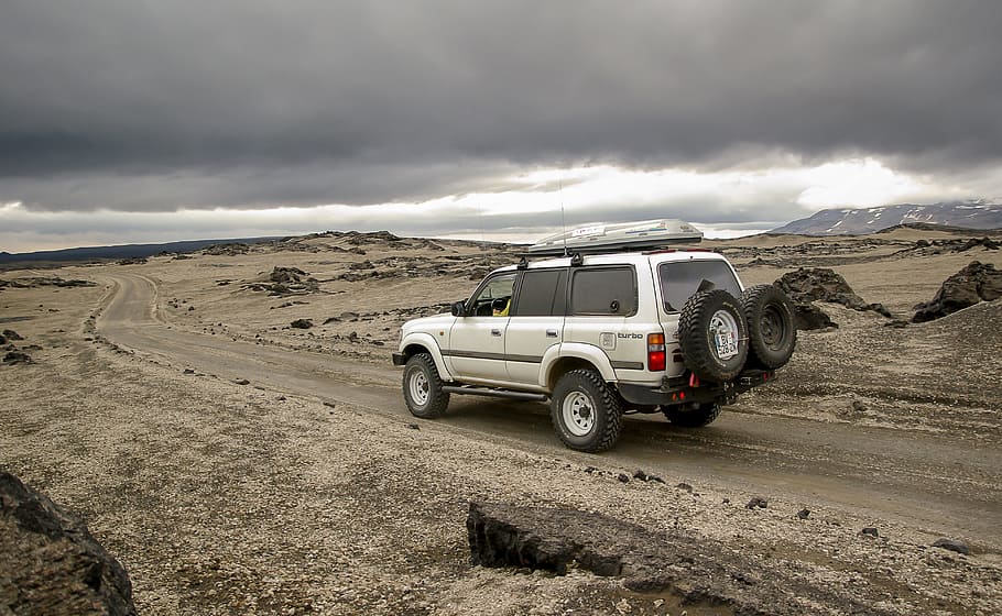 white SUV on road under cloudy sky, Iceland, Askja, Desert, Volcanism