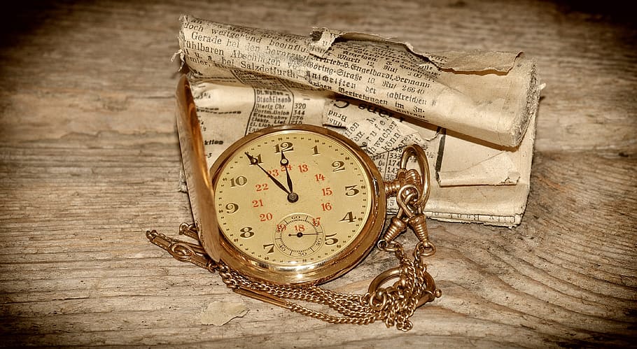 gold pendant clock beside paper, pocket watch, clock face, time of HD wallpaper