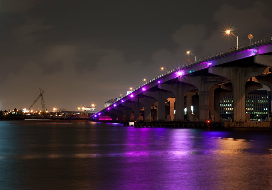 architecture, blur, bridge, buildings, clouds, dark, evening HD wallpaper