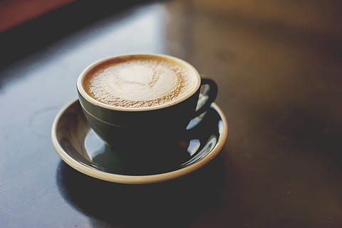 black ceramic cup with saucer, coffee, cafe, drink, breakfast HD wallpaper