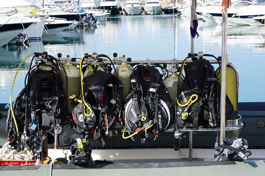 scuba suits on gang chair, diving, port, boats, ibiza, sea, sport, HD wallpaper