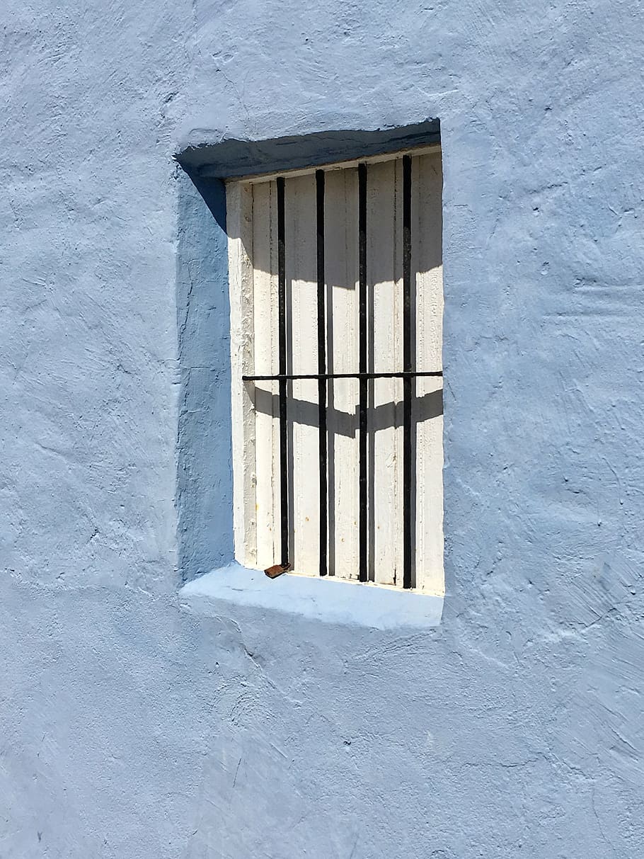blue, wall, window, bars, house, architecture, urban planning HD wallpaper