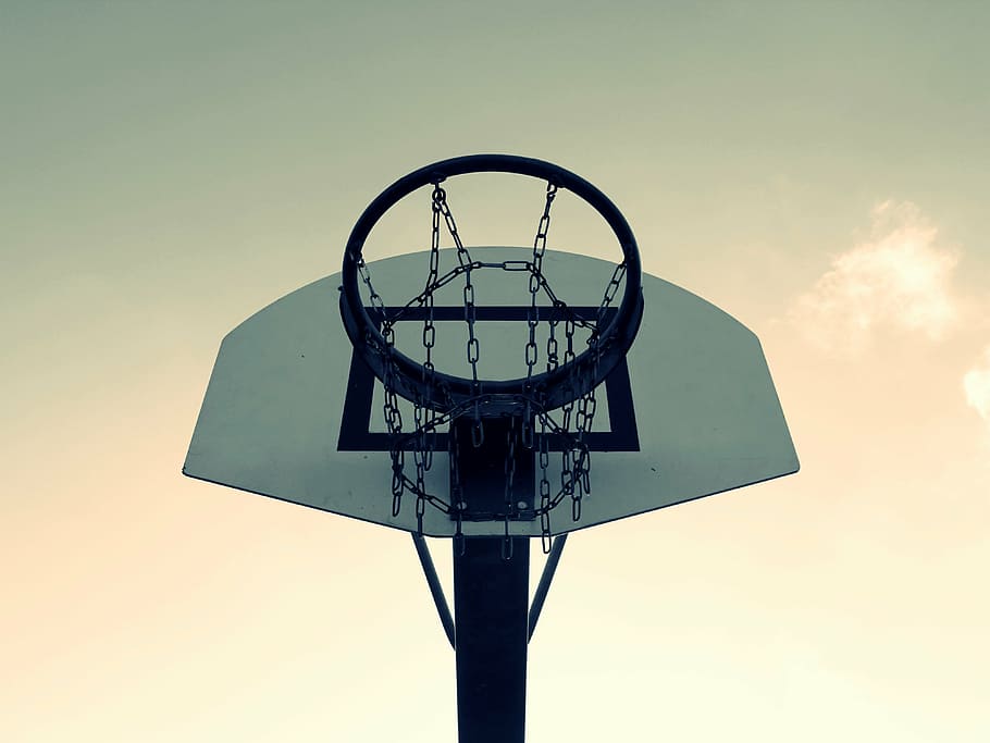 black and white basketball hoop under gray sky, sport, play, outdoor