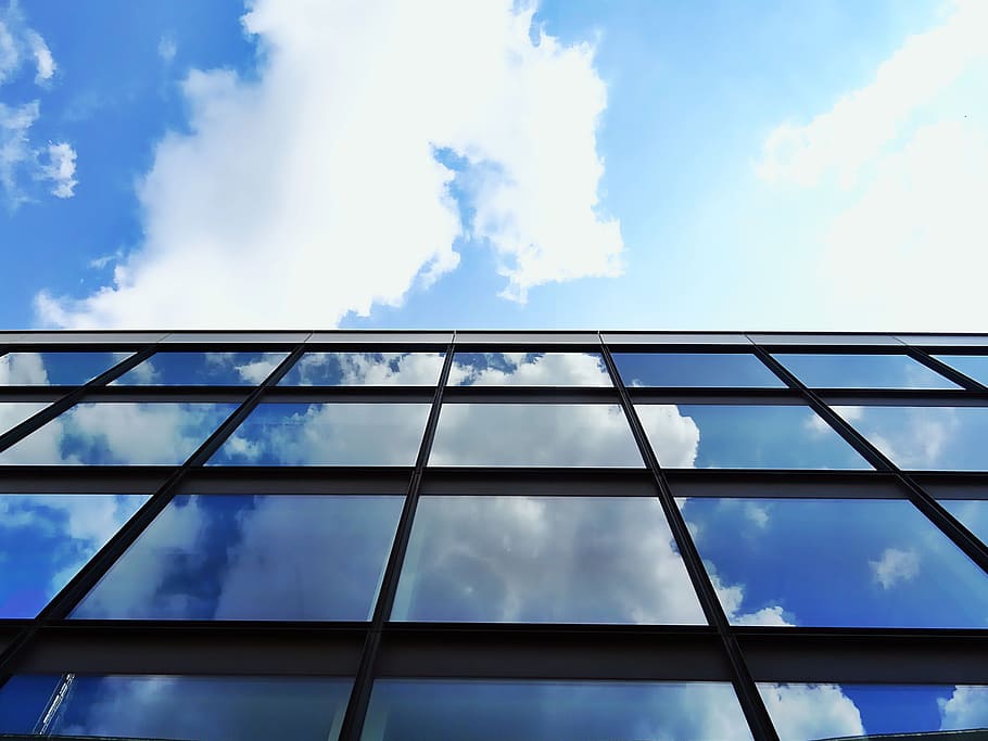 sky, clouds, building, glass, architecture, daylight, glass items HD wallpaper