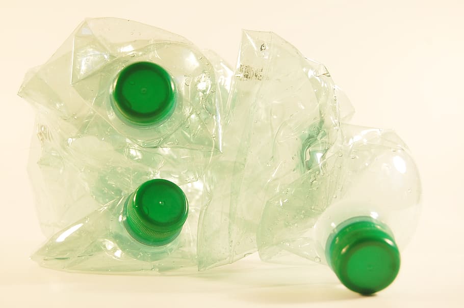 three clear packs with green caps, plastic bottles, recycling, HD wallpaper