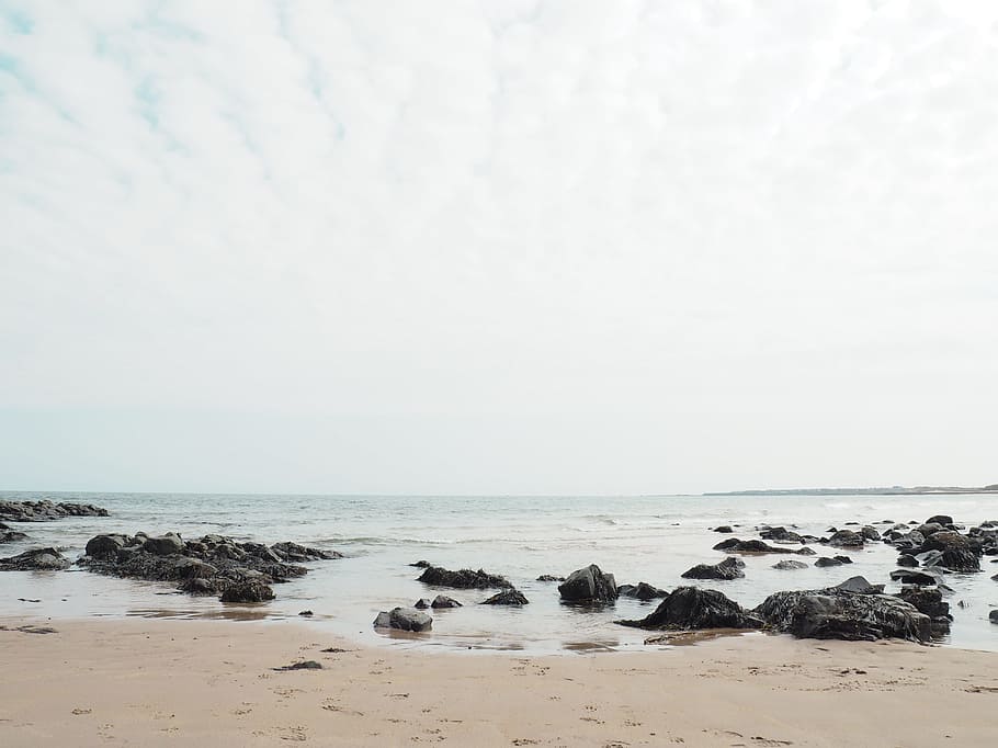 beach, sand, rocks, shore, coast, ocean, sea, landscape, horizon HD wallpaper