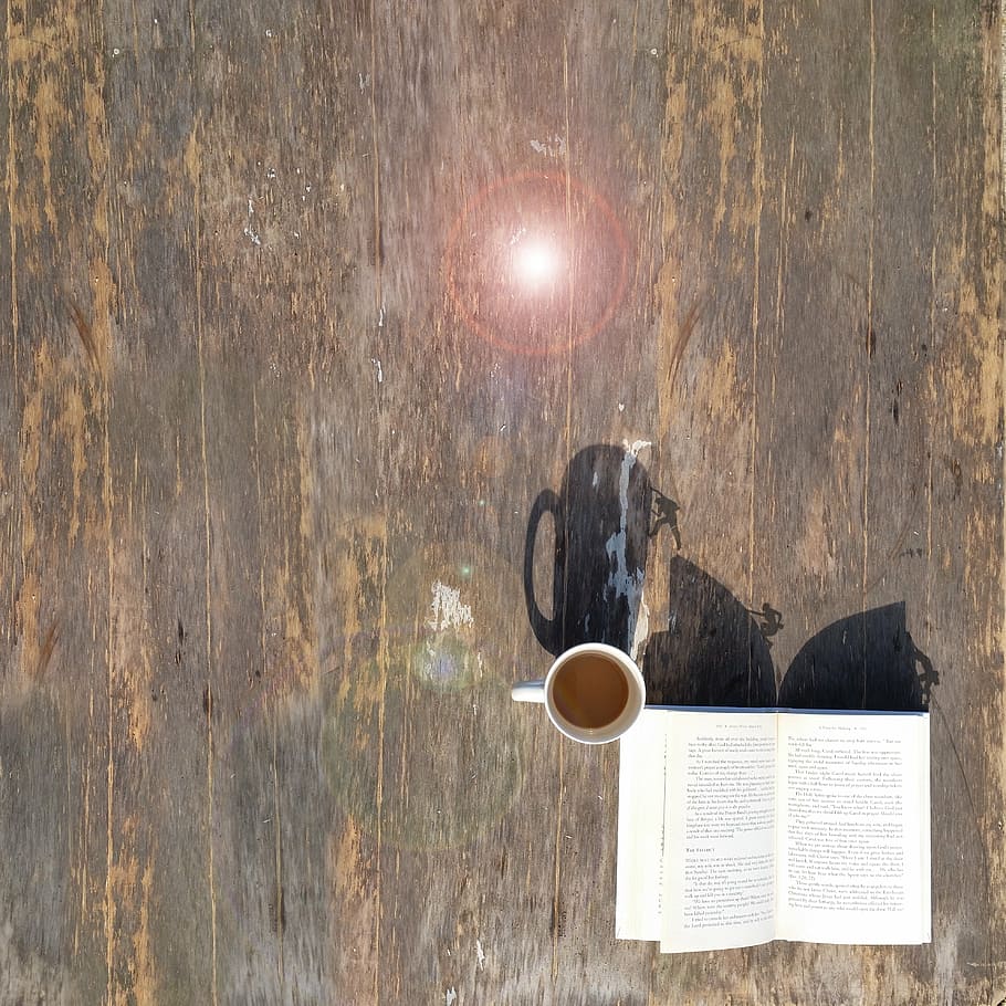 white mug on brown surface, cup, book, shadow, wood - material HD wallpaper