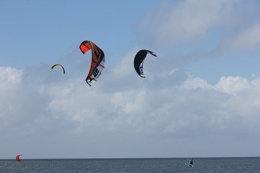 kitesurf, wind, water, sky, sea, sport, horizon, horizon over water HD wallpaper