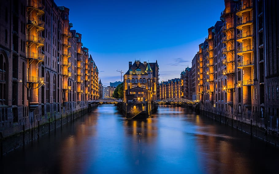 architecture, buildings, illuminated, lights, river, water HD wallpaper