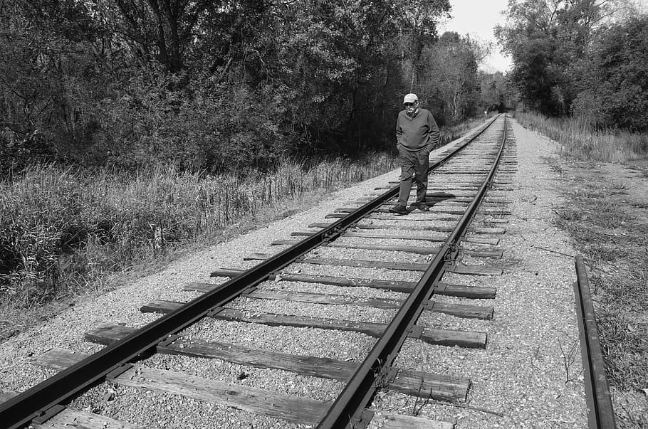 man, walking, railroad, tracks, lonely, person, male, nature HD wallpaper