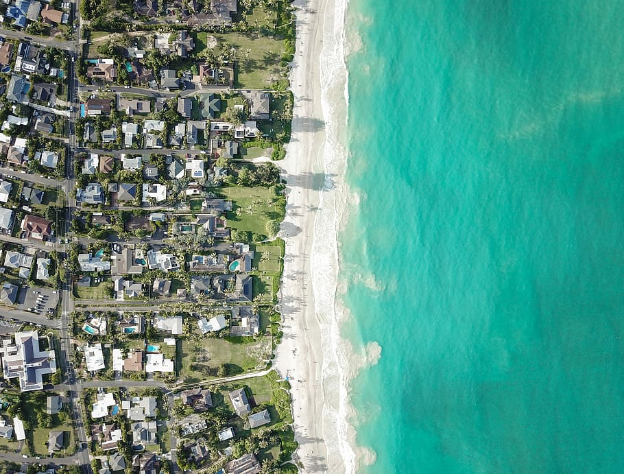 aerial view of island, aerial view photography of houses near coastline HD wallpaper