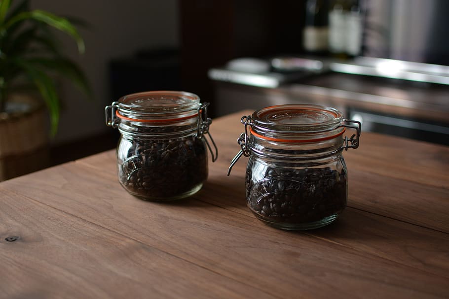 coffee, tea time, coffee beans, brown, container, jar, table HD wallpaper