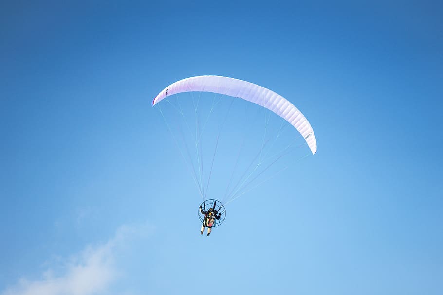 person parachuting, person paragliding under blue sky, parachute HD wallpaper