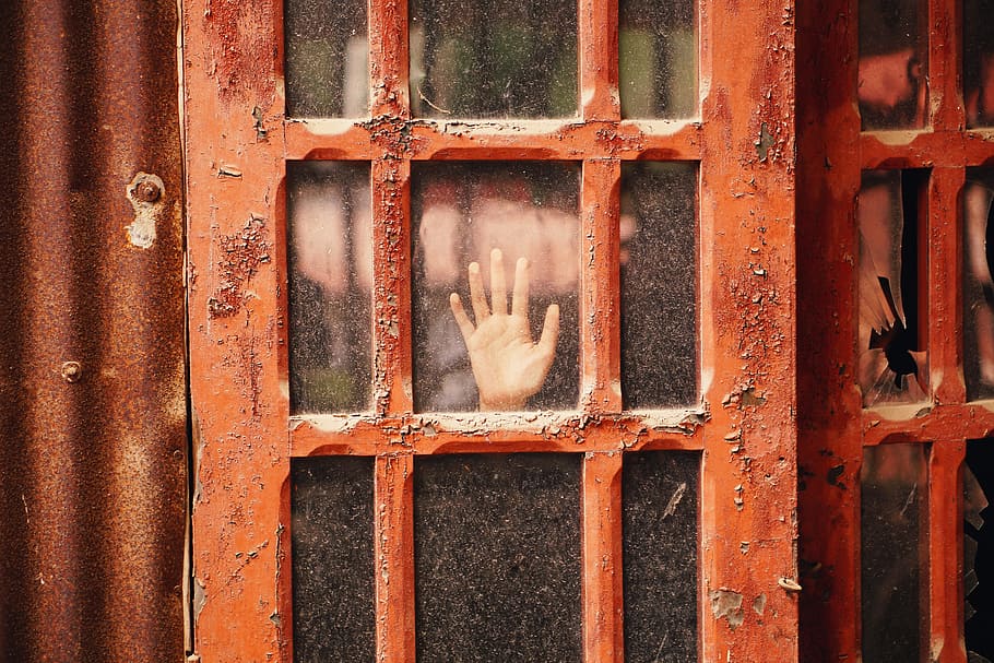 person hand on glass panel door with red wooden frame, GHOST HD wallpaper