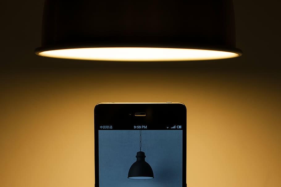 blur, bright, bulb, cellphone, close-up, device, focus, lamp