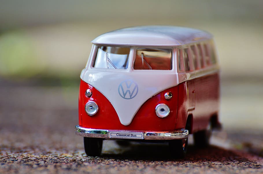 red and white Volkswagen Kombi toy, vw, bulli, vw bus, camper