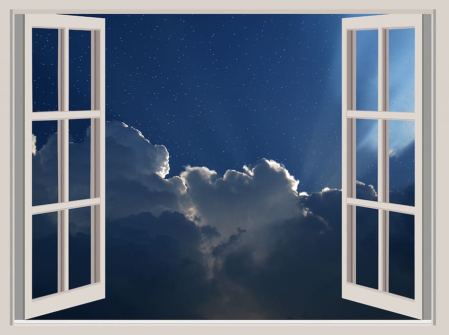 white French door showing clouds, star, starry sky, universe