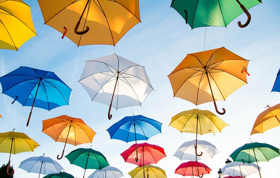 umbrellas hanging decorations, assorted, color, mid, air, daytime, HD wallpaper