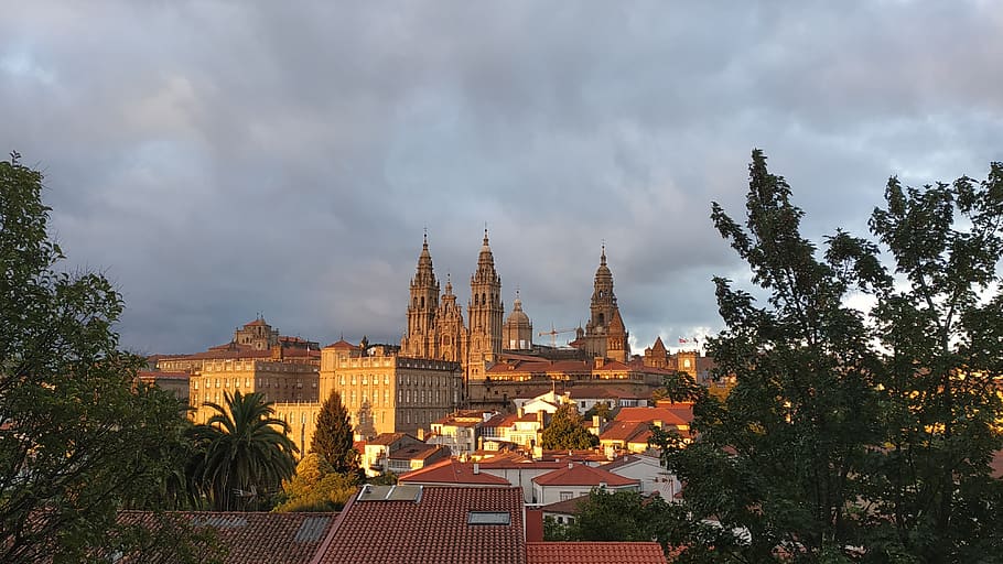 santiago of compostela, sunset, spain, galicia, built structure, HD wallpaper