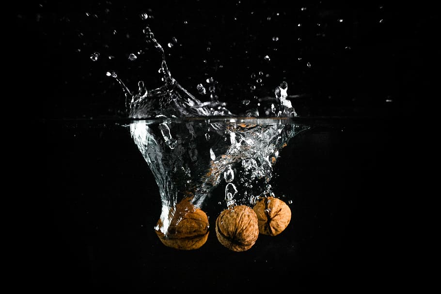 Three Nuts in Water, food, splashing, fruit, drop, falling, liquid