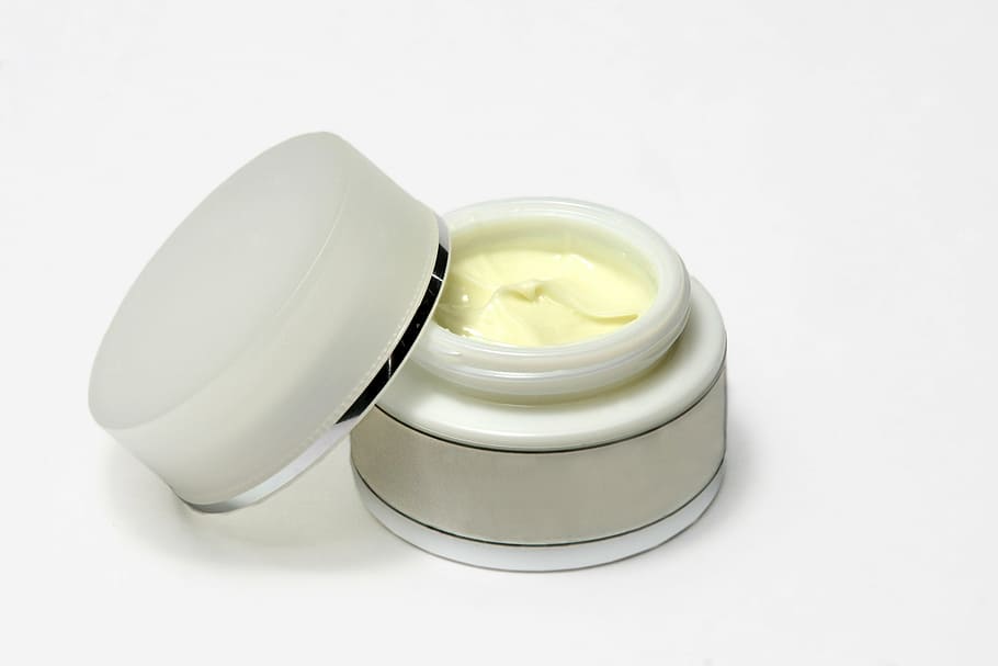 beige cream in white bottle, box, cosmetics, lid, fragrance, skin