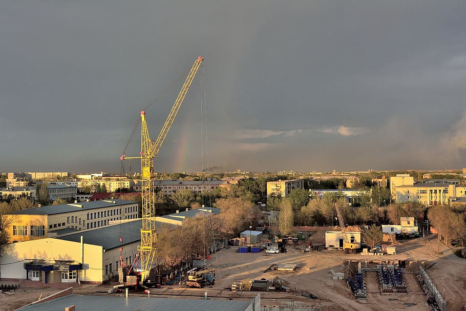 construction, thunderstorm, construction crane, rainbow, landscape HD wallpaper
