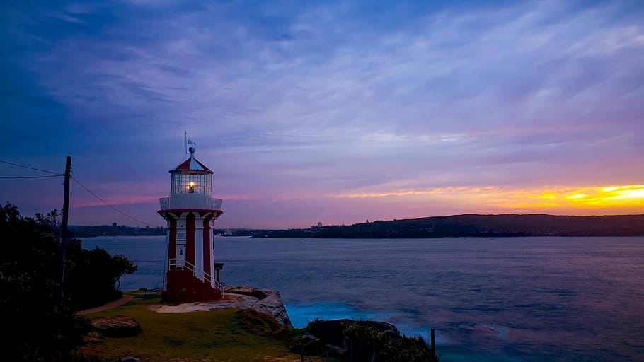 white and red lighthouse, Sunset, Nature, sky, cloud - sky HD wallpaper