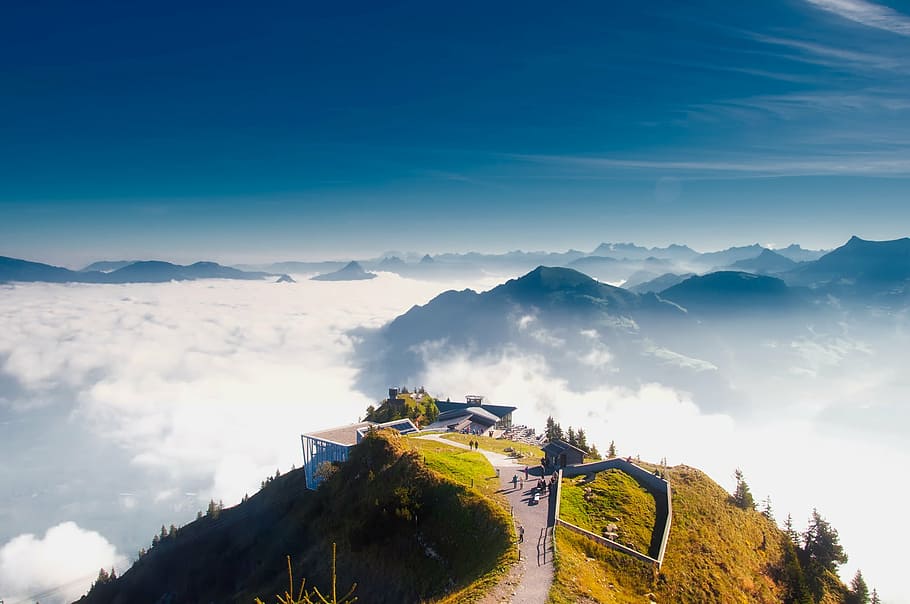 bird eye photography of brown house on mountain, stanserhorn, HD wallpaper