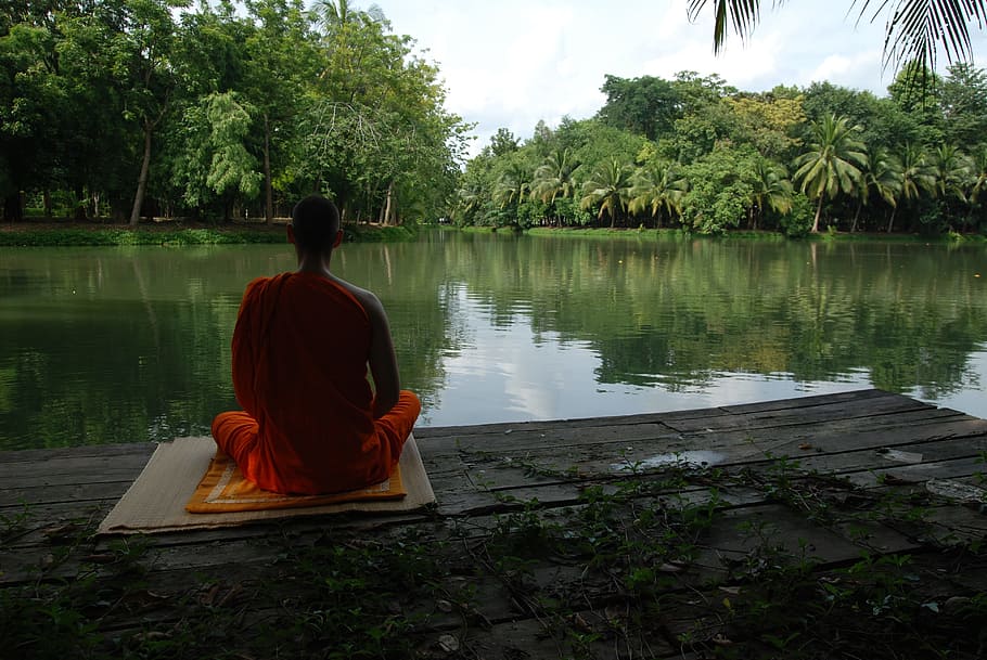 monk near body of water during daytime, man, dock, meditation HD wallpaper