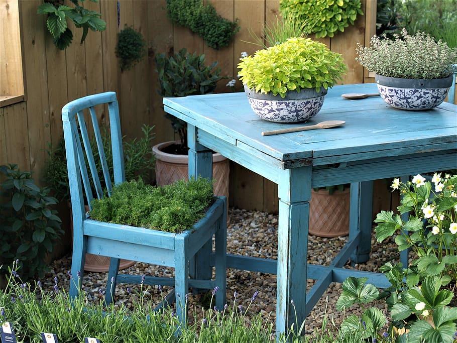 table, chair, plants, garden, growth, potted plant, seat, front or back yard, HD wallpaper