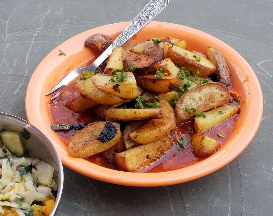 potatoes, fried, sauce, food, food and drink, freshness, vegetable HD wallpaper