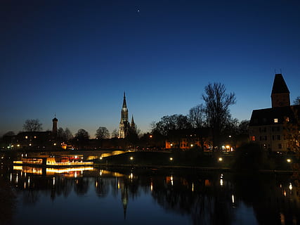 ulm, danube, at night, evening, mood, river, water, münster HD wallpaper