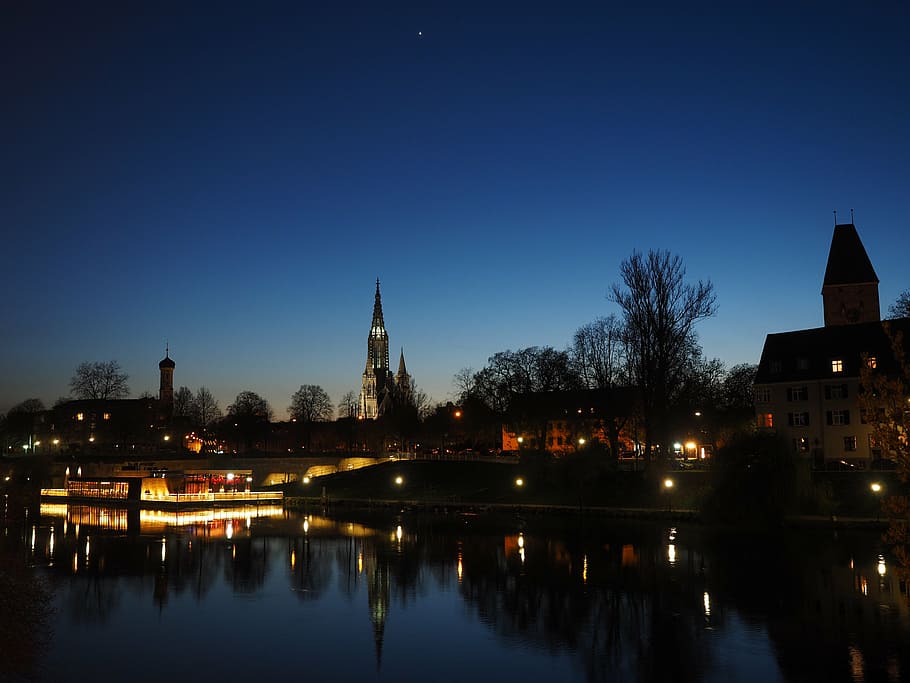 ulm, danube, at night, evening, mood, river, water, münster HD wallpaper