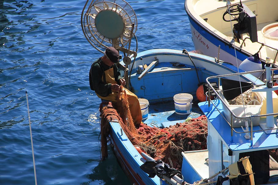 Fischer, Sea, Boot, Fish, Port, Blue, network, ship, italy HD wallpaper