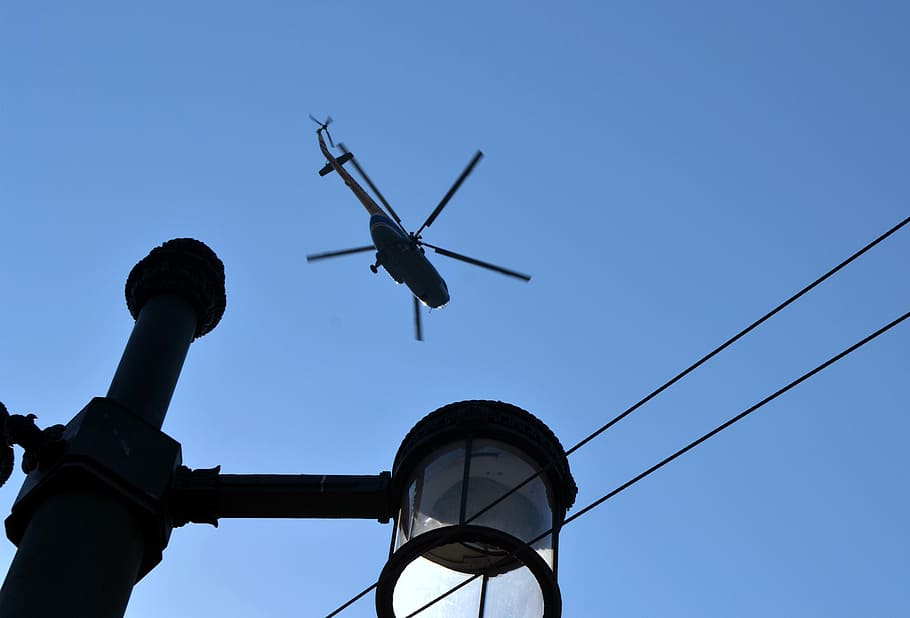 lantern, helicopter, wire, blue, sky, current, electricity HD wallpaper