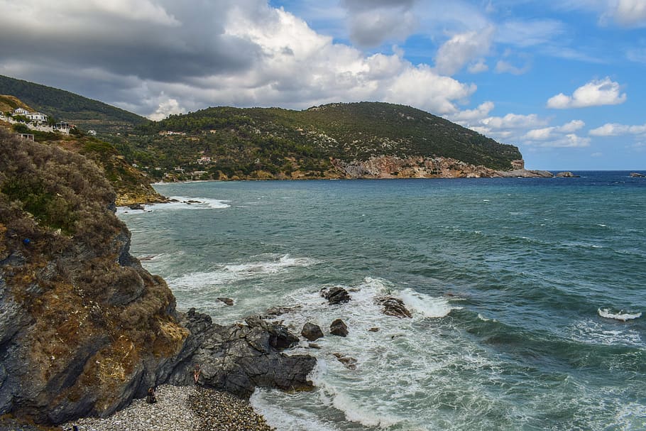 landscape, sea, sky, clouds, cliff, wild beach, rough sea, autumn HD wallpaper