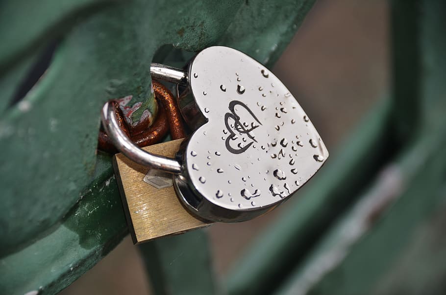 two padlocks together, silver, heart, close, key, antique, security HD wallpaper