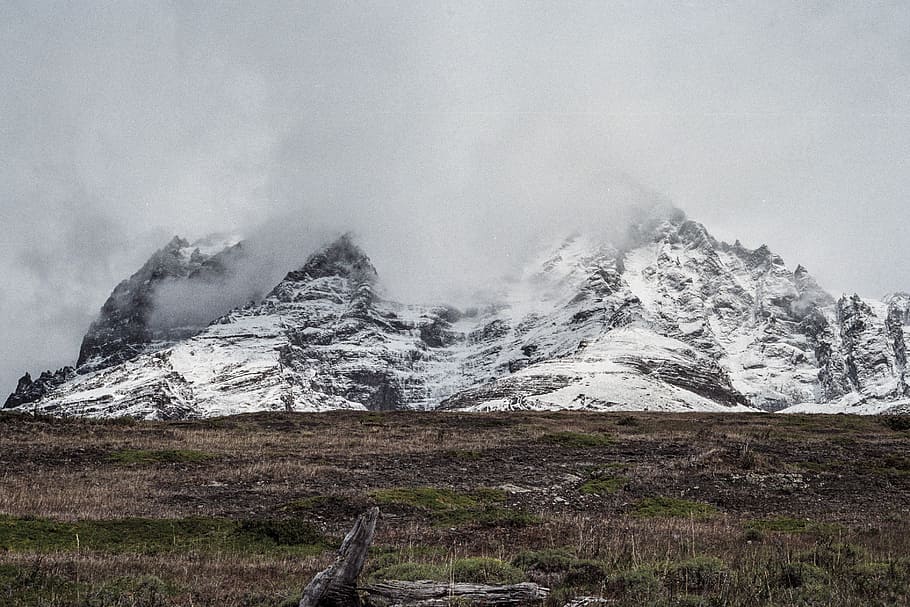 mountain alps, mountain covered by snow under white cloudy sky HD wallpaper