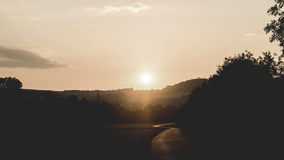 nature, sky, sunset, clouds, backlit, forest, sepia, silhouette HD wallpaper